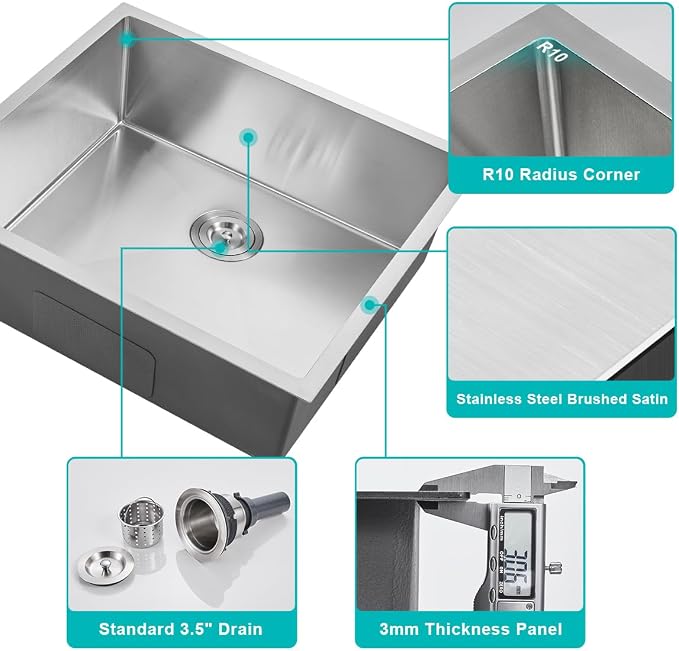 25 x 22 Inch Undermount Kitchen Sink, 18 Gauge 304 Stainless Steel Handmade - Image 4