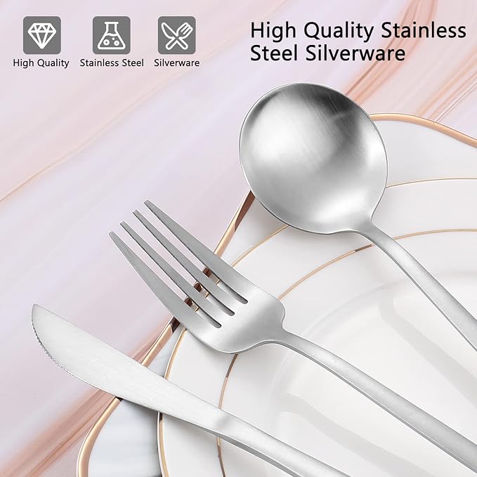 Matte Silverware Set, VANVRO 40-Piece Stainless Steel Flatware Set, Satin - Image 4