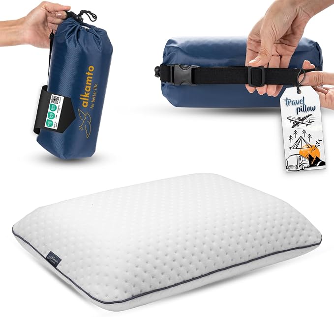 Travel & Camping Comfortable Memory Foam Pillow – Easy to Carry Portable Bag – by Alkamto