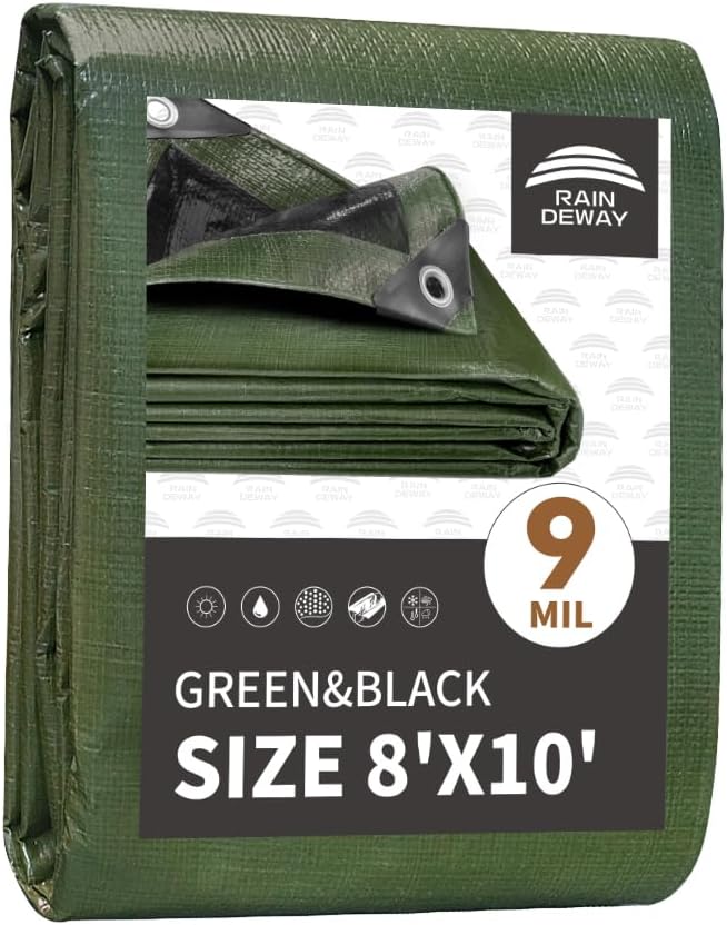 8x10 Feet Tarp Waterproof, 9Mil Thick, Finished Size Tarps, UV Resistant by RAINDEWAY