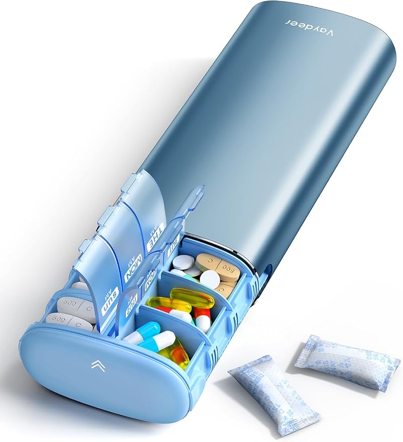Vaydeer Metal 7 Day Pill Organizer 2 Times a Day – AM PM Weekly Travel Pill Case by Vaydeer