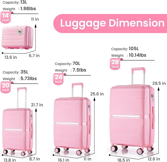 Campfun Luggage 4 Piece Sets, Expandable Carry On Luggage Set Hardshell PP - Image 2
