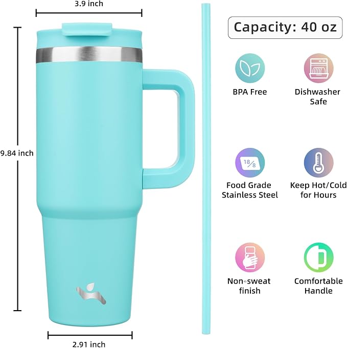 40 oz Tumbler with Handle and 2 Straws, 2 in 1 Lid Insulated Water Bottle - Image 4