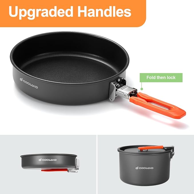 Odoland Camping Cookware Mess Kit, Camping Cooking Pot Fry Pan and 1.1L Kettle - Image 2