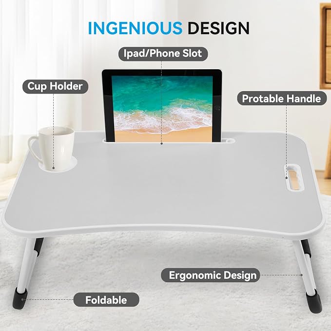 BUYIFY Folding Lap Desk, 23 Inch Portable Wood Grey Laptop Bed Desk Lap Desk - Image 3