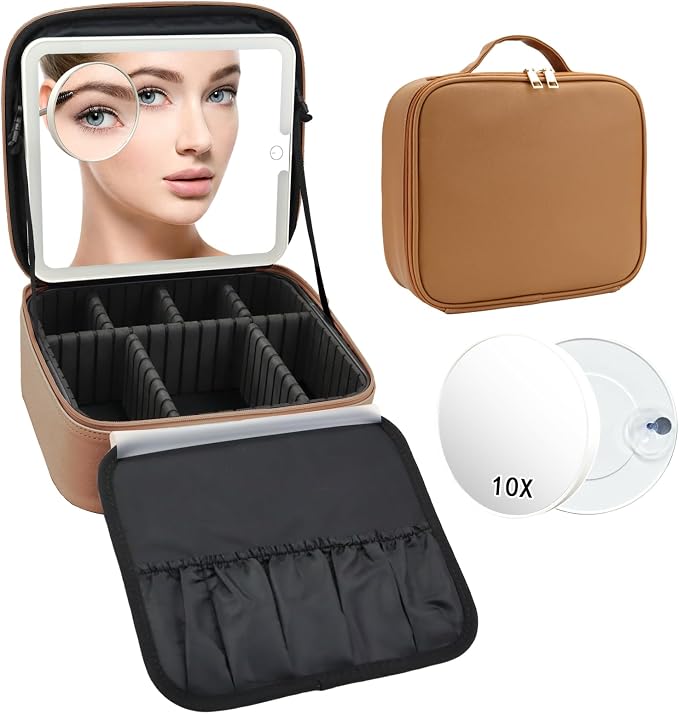 Travel Makeup Bag with LED Mirror and 10x magnifying glass with 3 Lighted by Unknown