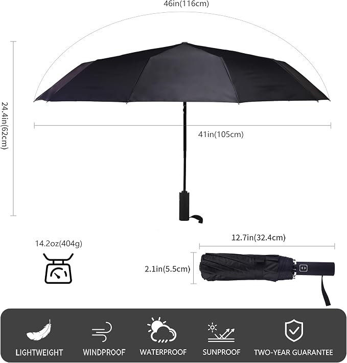 Double 10-Rib 46 Inch Compact Travel Umbrella - Image 6