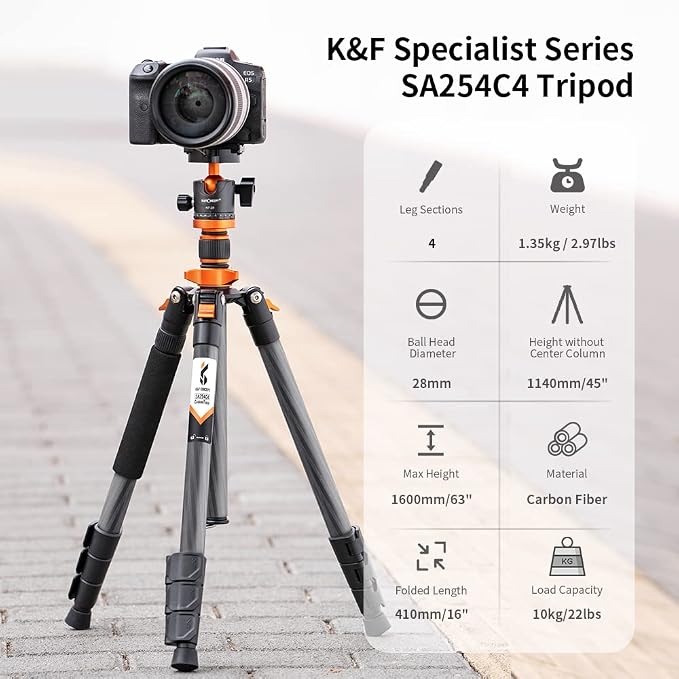 K&F Concept 63" Carbon Fiber Camera Tripods, D254C1+BH-28L Compact Tripod - Image 2