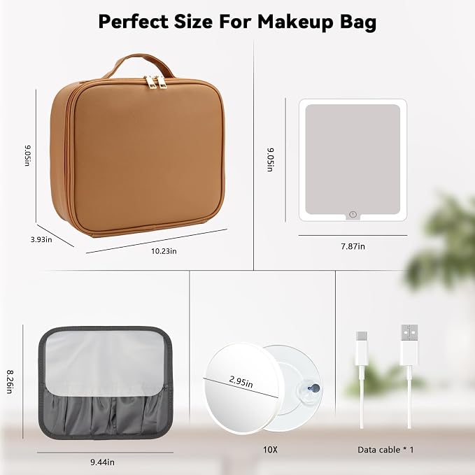Travel Makeup Bag with LED Mirror and 10x magnifying glass with 3 Lighted - Image 8