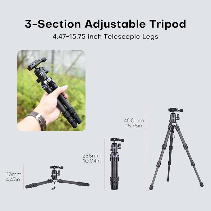 AOKA 15.75in/0.99lb Mini Carbon Fiber Tripod, Compact Pocket Travel Tabletop - Image 4