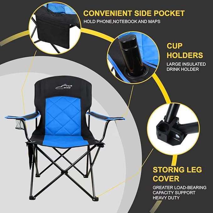FAIR WIND Oversized Fully Padded Camping Chair, Heavy Duty Quad Fold Arm Chair - Image 5