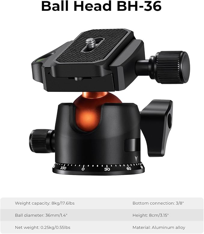 K&F Concept 64" Carbon Fiber Camera Tripod, Lightweight Travel Tripod - Image 6