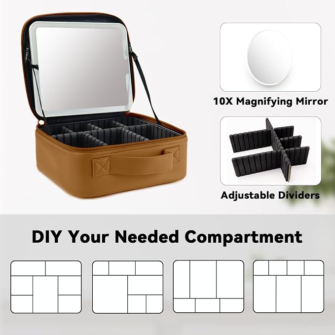 Travel Makeup Bag with LED Mirror and 10x magnifying glass with 3 Lighted - Image 4