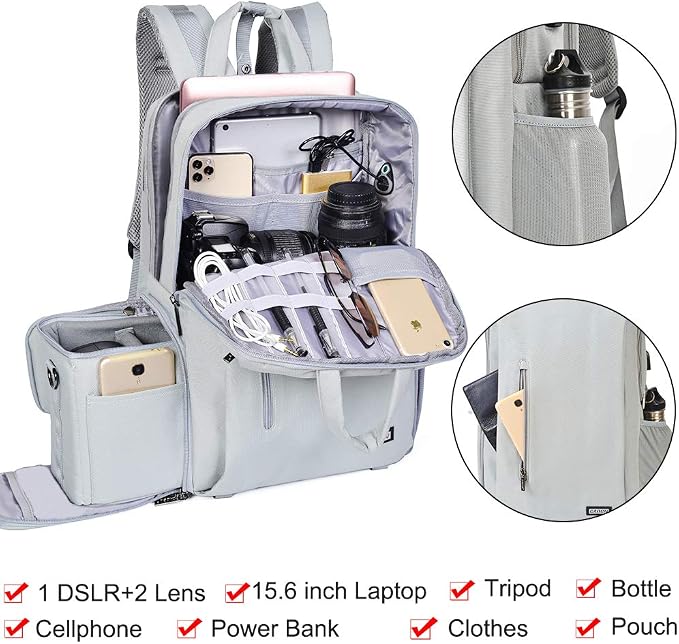 CADeN Camera Backpack w/ 15.6" Laptop Compartment, USB Charge Port, Tripod - Image 2