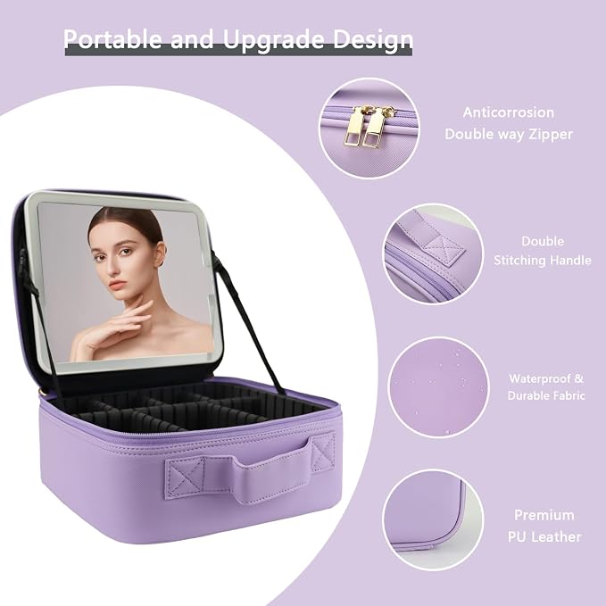 Makeup Bag with Led Mirror, Travel Makeup Organizer with 3 Color Setting - Image 4