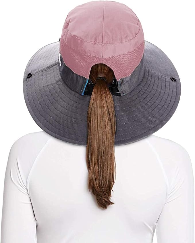 Rosoz Ponytail Sun Bucket Hats for Women UV Protection Foldable Mesh Wide Brim - Image 3