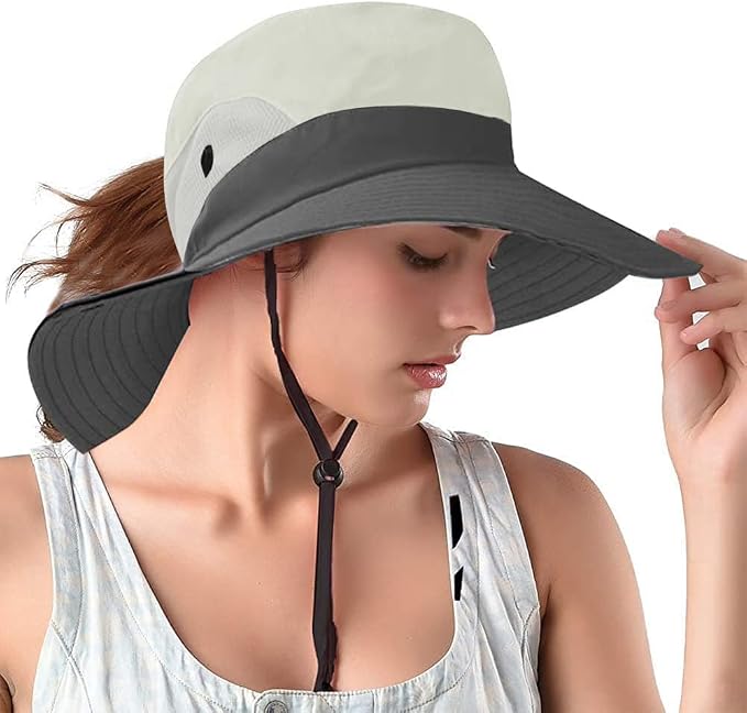 Rosoz Ponytail Sun Bucket Hats for Women UV Protection Foldable Mesh Wide Brim by Rosoz