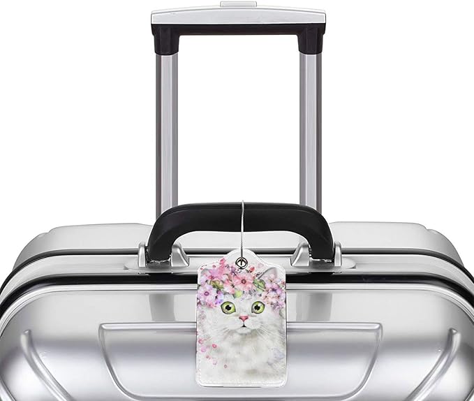 2 Pcs Cute White Cat with Pink Flowers Pattern Leather Luggage Tags, Funny - Image 6