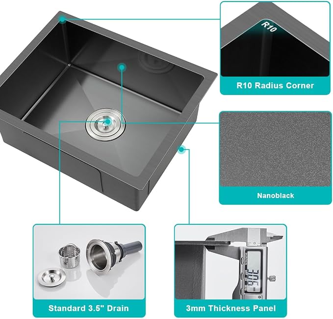 24x18 Inch Undermount Kitchen Sink Nano Black, 18 Gauge Stainless Steel Single - Image 4