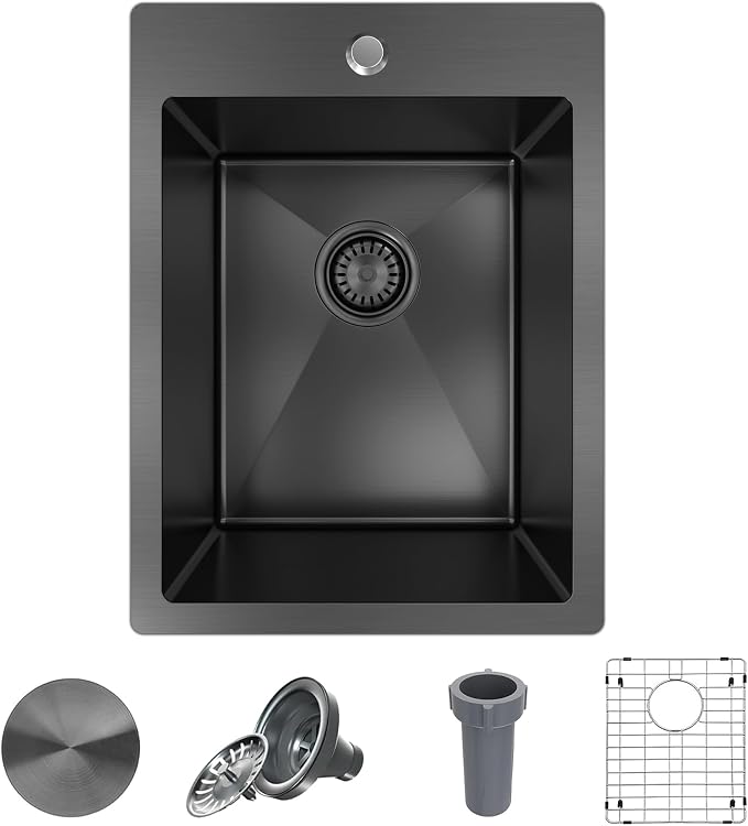 15x20 Drop In Bar Sink Black, 15 Inch Gunmetal Black Wet Bar Sink 18 Gauge by Winnpex