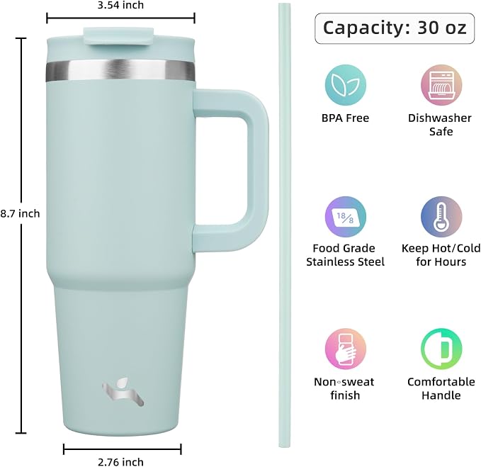 30 oz Tumbler with Handle and 2 Straws, 2 in 1 Lid Insulated Water Bottle - Image 4