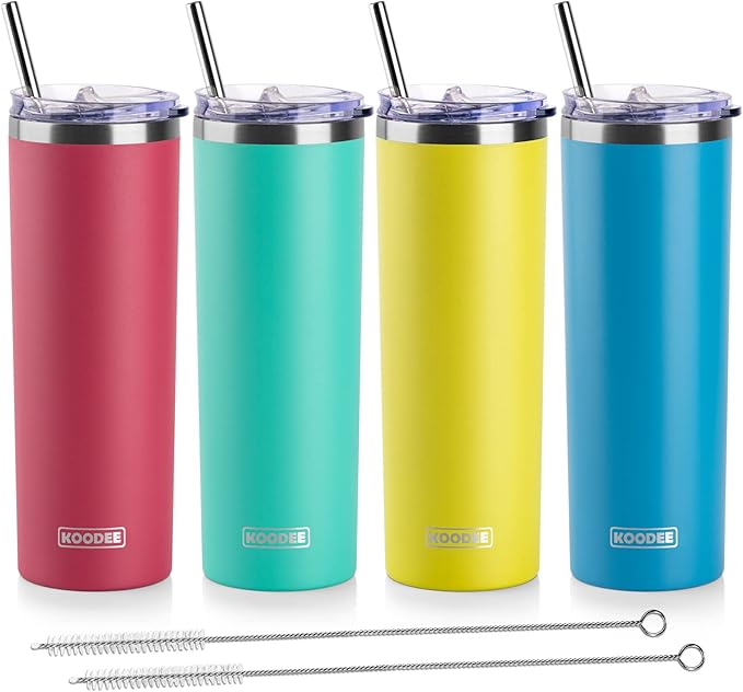 koodee 20 oz Tumbler with Lid and Straw -4 Pack Insulated Skinny Tumblers by koodee