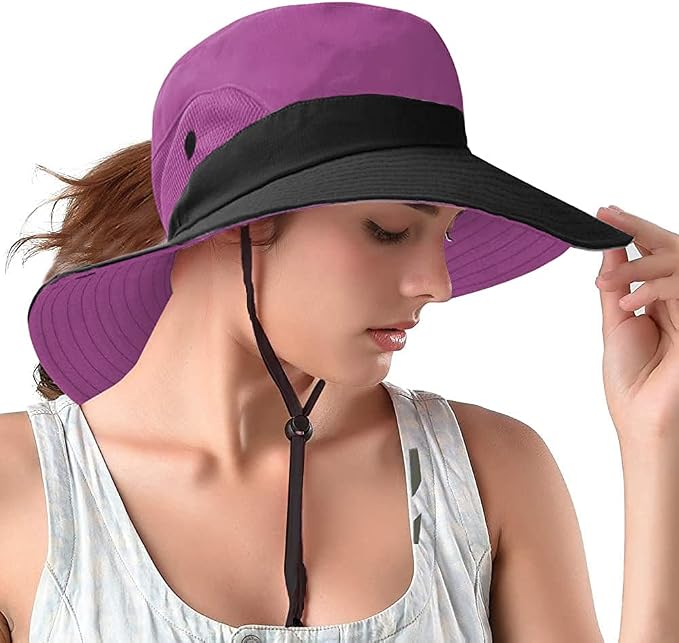 Rosoz Ponytail Sun Bucket Hats for Women UV Protection Foldable Mesh Wide Brim by Rosoz