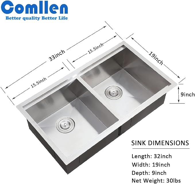 COMLLEN 33 Inch Double Bowl Undermount Kitchen Sink, 33x19 Inch Workstation 16 - Image 3
