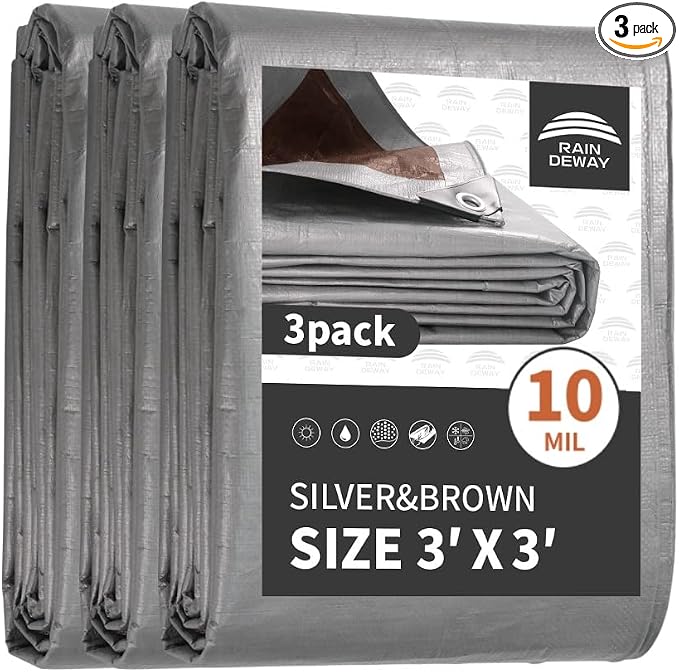 RAINDEWAY Small Tarps Heavy Duty Waterproof 3x3 Feet, 10Mil Multipurpose Poly by RAINDEWAY