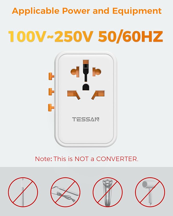 TESSAN Universal Travel Adapter Worldwide, GaN 65W International Plug Adaptor - Image 6