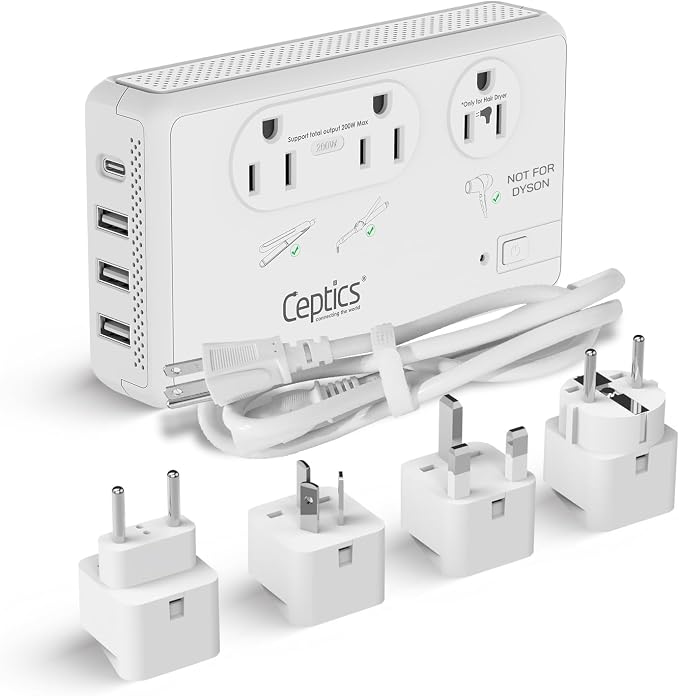 Ceptics Voltage Converter for Travel, 220V to 110V Converter w/Type C, I Plugs by Ceptics