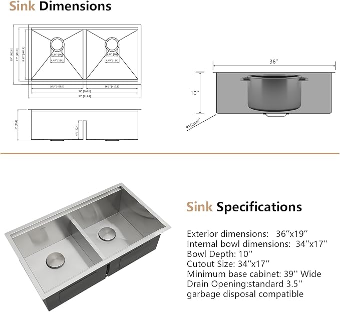 Dcolora 36 Inch Large Double Bowl Low-Divide Kitchen Sink Undermount 16 Gauge - Image 8
