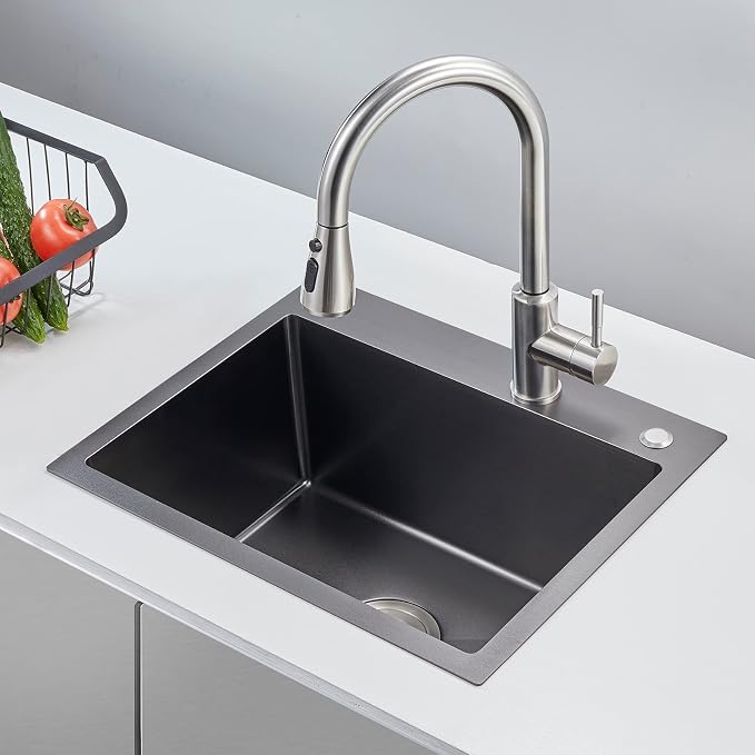 POPFLY 25 Inch Drop In Kitchen Sink, 25x18 Black Stainless Steel Top mount - Image 2