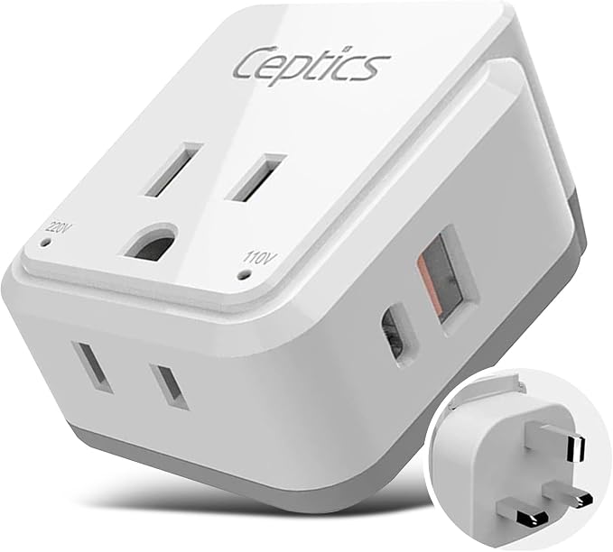Ceptics UK, Ireland Power Adapter Travel, Safe Dual USB & USB-C 3.1A by Ceptics