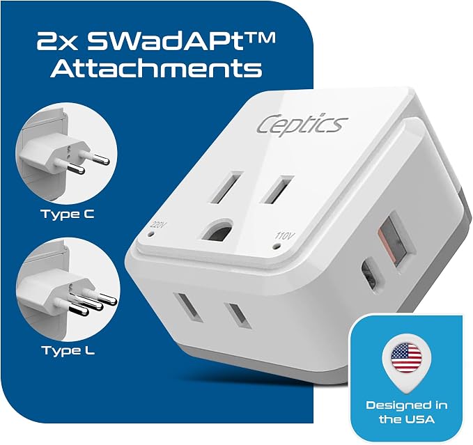 Ceptics Chile, Italy Travel Plug Adapter Set, Chile plug adapter USB-USB-C 20W - Image 4