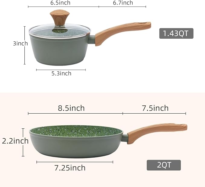 Nonstick Cookware Set, 2-Piece Non-Toxic Coated 8.5 Inch Frying Pan & Saucepan - Image 2