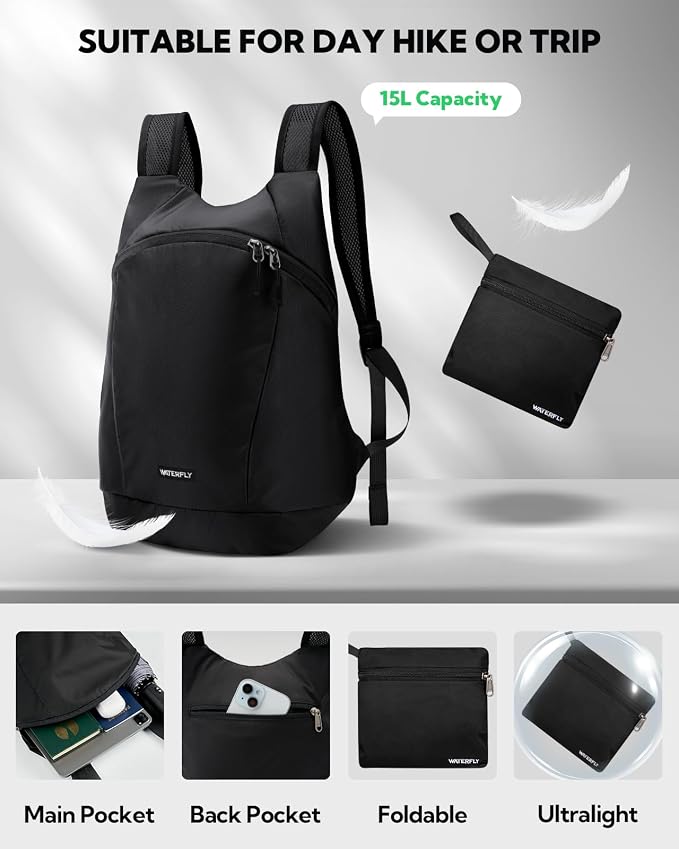 WATERFLY Foldable Lightweight Hiking Backpack: 15L Packable Traveling Daypack - Image 3