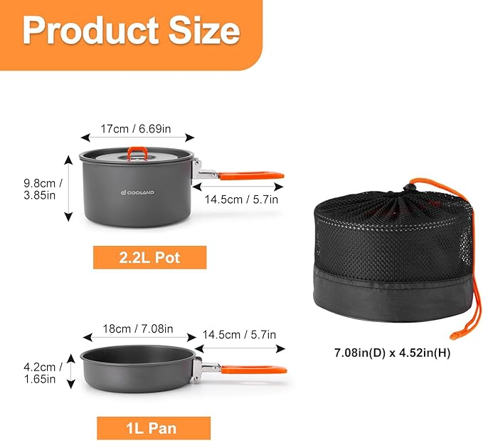 Odoland Camping Cookware Mess Kit, Non-Stick Lightweight Camping Pot and Fry - Image 2