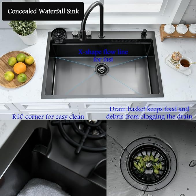 33 Inch Black Waterfall Drop In Kitchen Sink - Image 8
