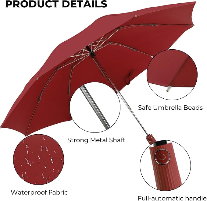 Compact Inverted Travel Umbrella, Automatic Open Close, 9-Rib 46 Inch Windproof - Image 2