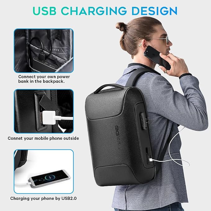 BANGE Black Genuine Leather Laptop Backpack - Image 6