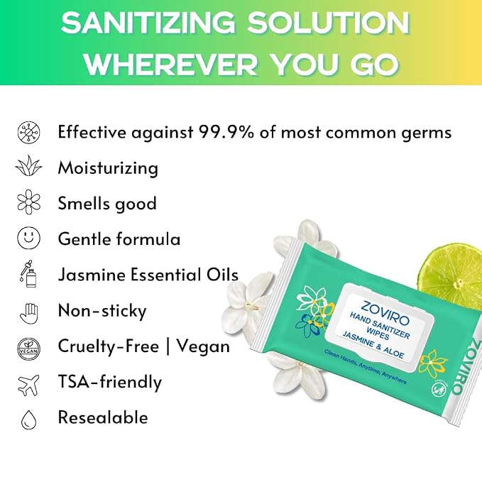 Zoviro Hand Sanitizer Wipes, Jasmine Essential Oils, 100% Viscose Ultra-Soft - Image 2