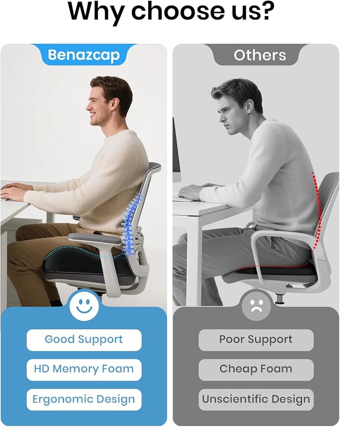 Benazcap Ergonomic Seat Cushion -Large Memory Foam Office Chair Cushion Seat Pad - Image 4