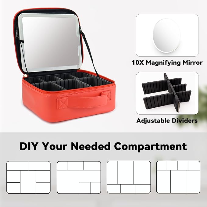 Travel Makeup Bag with LED Mirror and 10x magnifying glass with 3 Lighted - Image 4
