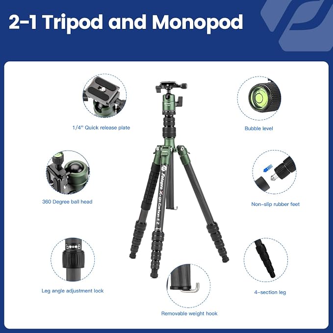 Fotopro 59" Carbon Fiber Travel Tripod, Compact Camera Tripod - Image 6