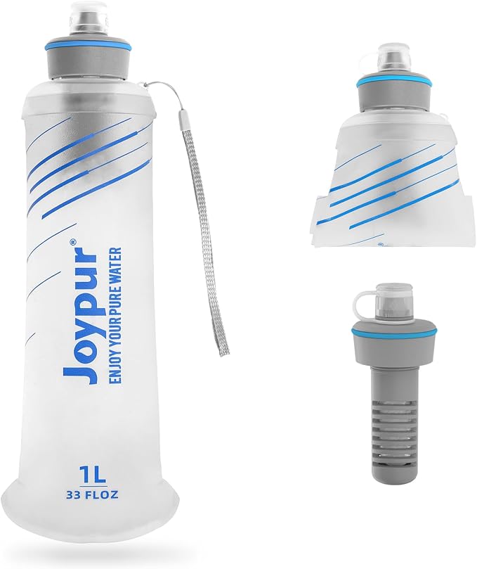 Collapsible Water Bottle with Filter - 1L Squeeze Water Filtered Bottle Camping by Joypur