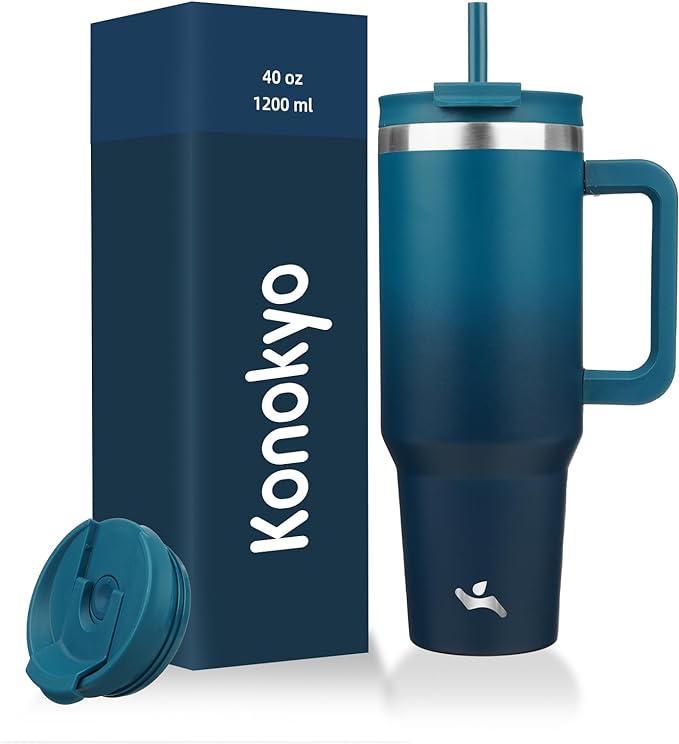 40 oz Tumbler with Handle and 2 Straws, 2 in 1 Lid Insulated Water Bottle by Konokyo