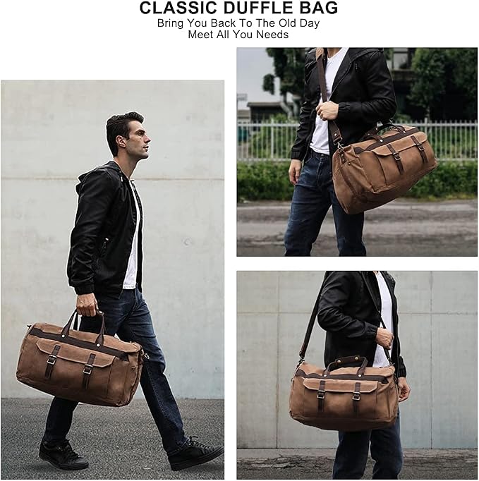 Duffle Bag for Men Waterproof Genuine Leather Canvas Travel Duffel Bags for - Image 5