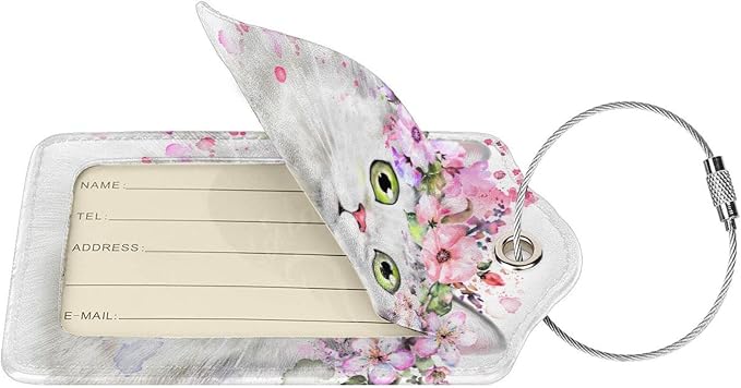 2 Pcs Cute White Cat with Pink Flowers Pattern Leather Luggage Tags, Funny - Image 2