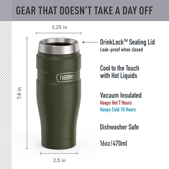 THERMOS Stainless King Vacuum-Insulated Travel Tumbler, 16 Ounce, Army Green - Image 2